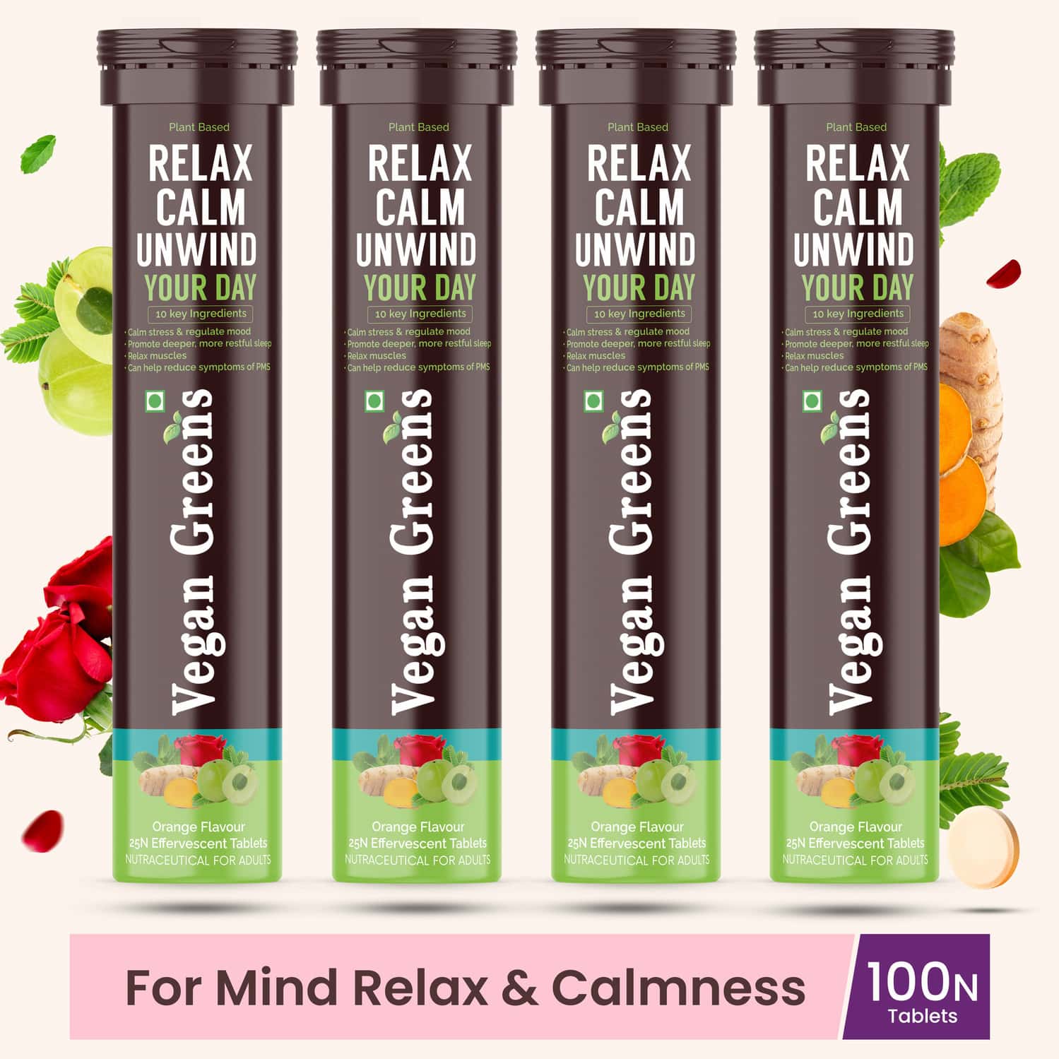 Vegan Greens Relax Calm Unwind Your Day. Calm Daily Stress, Better Mood &Sleep 100 Efferves., Orange