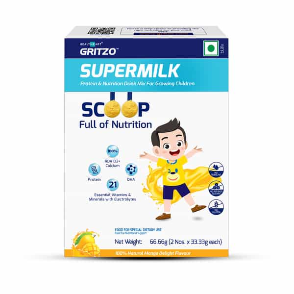 Gritzo Supermilk 4-7Y (Active Kids), High Protein (6 G), 100% Natural Mango Delight Flavour, 66.66 G