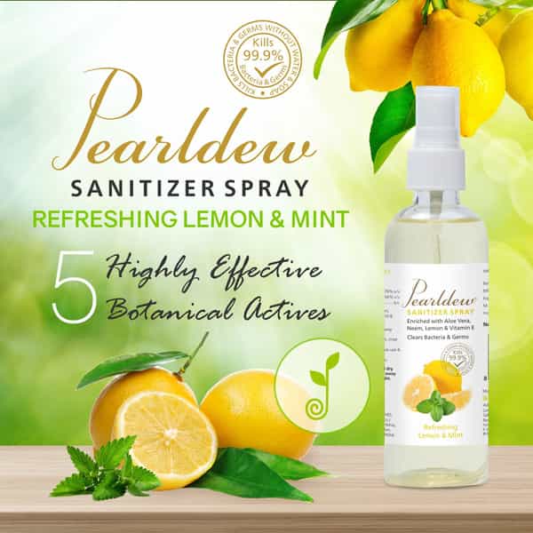 Pearldew Sanitizer Spray (Lemon & Mint) 120 Ml | Aloe & Neem | Paraben Free (Pack Of 8)