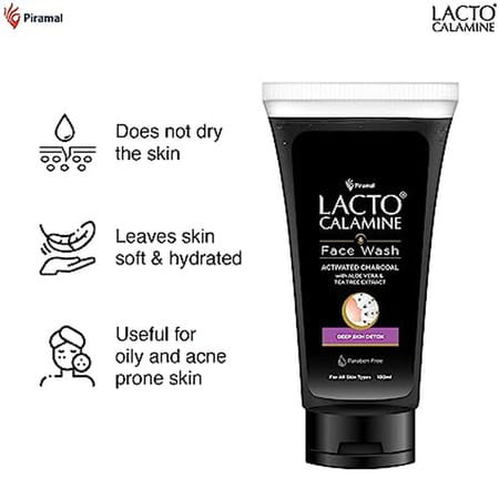 Lacto Calamine Activated Charcoal Face Wash 100 Ml | Kaolin Clay | Niacinamide And Vitamin E 100 Ml