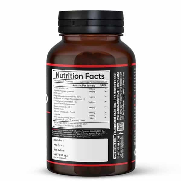 Denzour Nutrition Testosterone Supplement For Men - 1000Mg | L - Arginine & Herbal Blend 60 Capsules