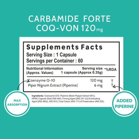 Carbamide Forte Coenzyme Q10 (Coq10) 120mg With Piperine 6mg Supports Heart Health 60 Capsules