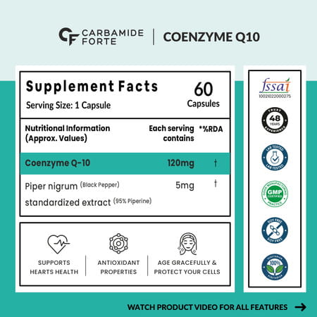 Carbamide Forte Coenzyme Q10 (Coq10) 120mg With Piperine 6mg Supports Heart Health 60 Capsules