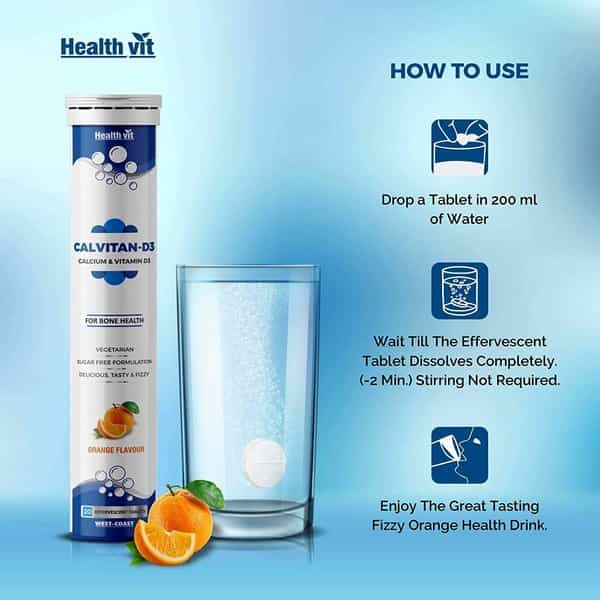 Healthvit Calvitan-D3 Calcium 500Mg & Vitamin D3- 20 Effervescent Tablets (Orange Flavour)