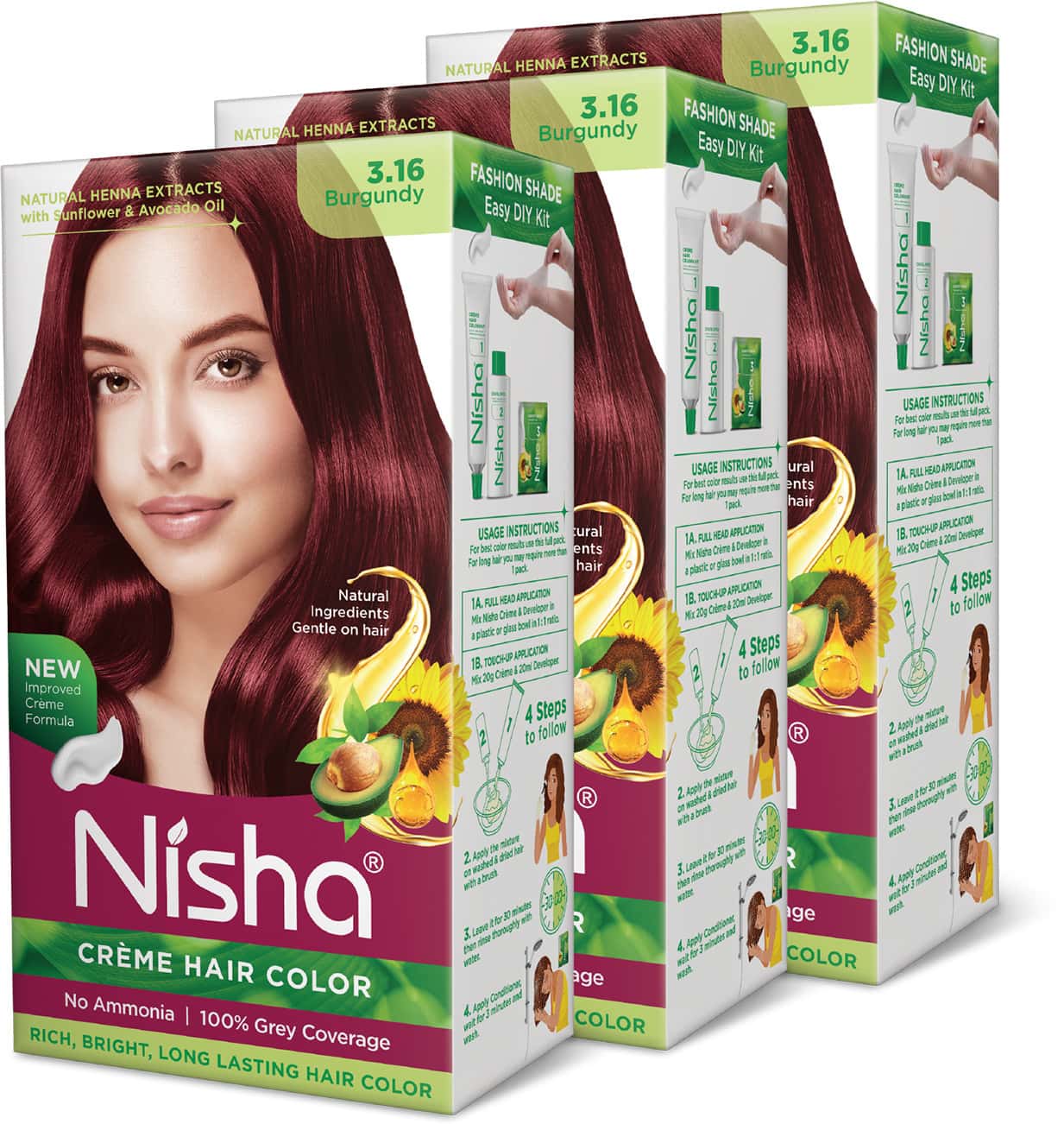 Nisha Creme Hair Color 3.16 Burgundy 120gm Pack Of 3 | Ammonia Free Hair Colour | 100% Grey Coverage