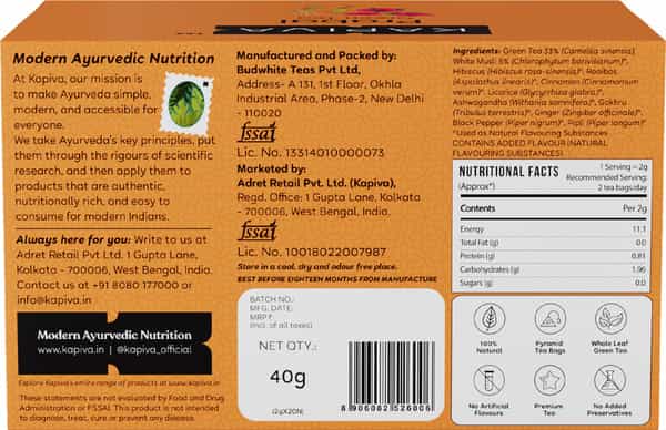 Kapiva Prabal Green Tea | Helps Improve Stamina And Vigour | White Musli Gokhru | 20 Tea Bags