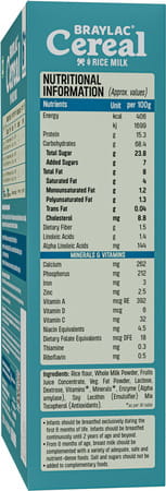 Braylac Cereal Rice Milk | 300 G | Bag In Box | For 6 To 24 Months Baby