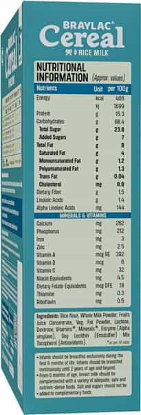 Braylac Cereal Rice Milk | 300 G | Bag In Box | For 6 To 24 Months Baby
