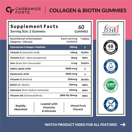 Carbamide Forte Collagen Supplements | Collagen Gummies - Mixed Fruit Flavour - 60 Gummy