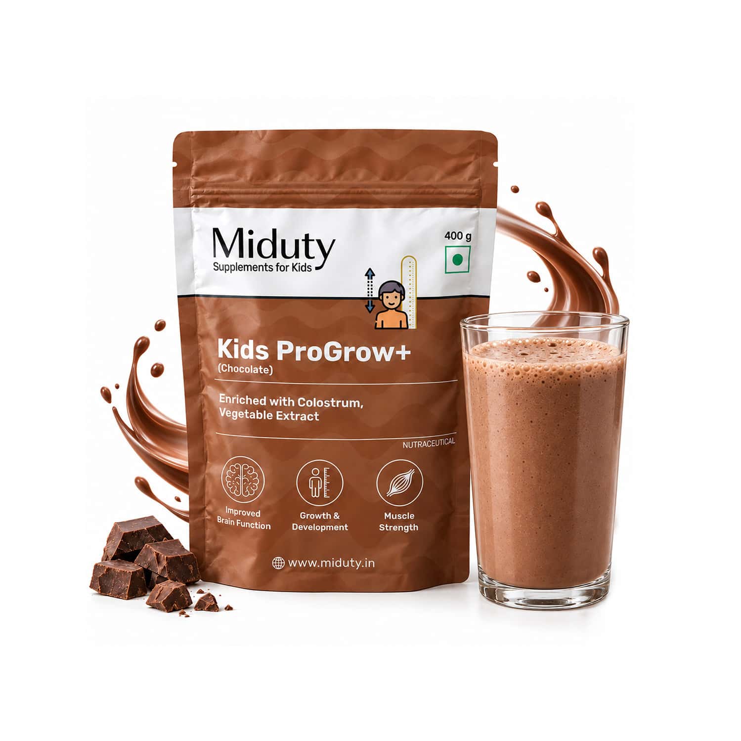Miduty Kids Progrow+ Chocolate Nutrition Shake | Growth | Energy | Brain & Immunity | 400g