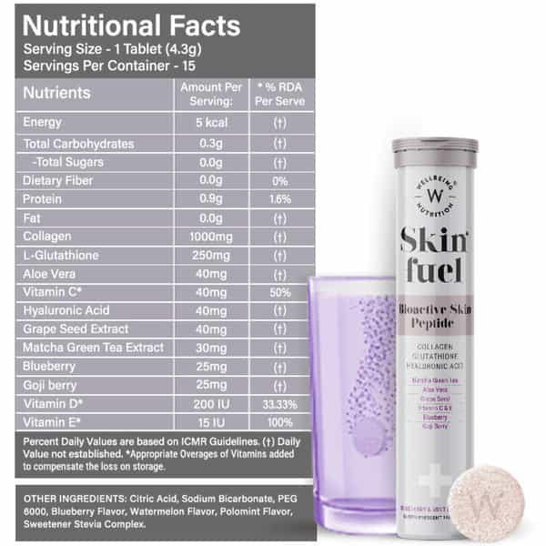 Wellbeing Nutrition Skin Fuel Japanese Collagen | L-Glutathione | Hyaluronic Acid For Skin - 15 Tabs