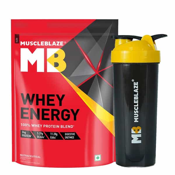 Muscleblaze Whey Energy (Chocolate | 1Kg) | 24G Protein With Shaker | 650Ml (Combo Pack)