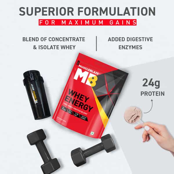 Muscleblaze Whey Energy (Chocolate | 1Kg) | 24G Protein With Shaker | 650Ml (Combo Pack)