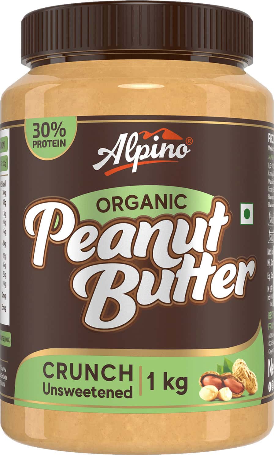 Alpino Organic Natural Peanut Butter Crunch 1 Kg | Unsweetened | 30g Protein | 100% Roasted Peanuts