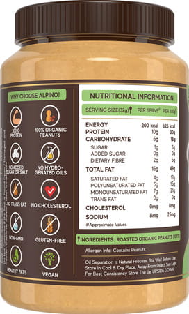 Alpino Organic Natural Peanut Butter Crunch 1 Kg | Unsweetened | 30g Protein | 100% Roasted Peanuts