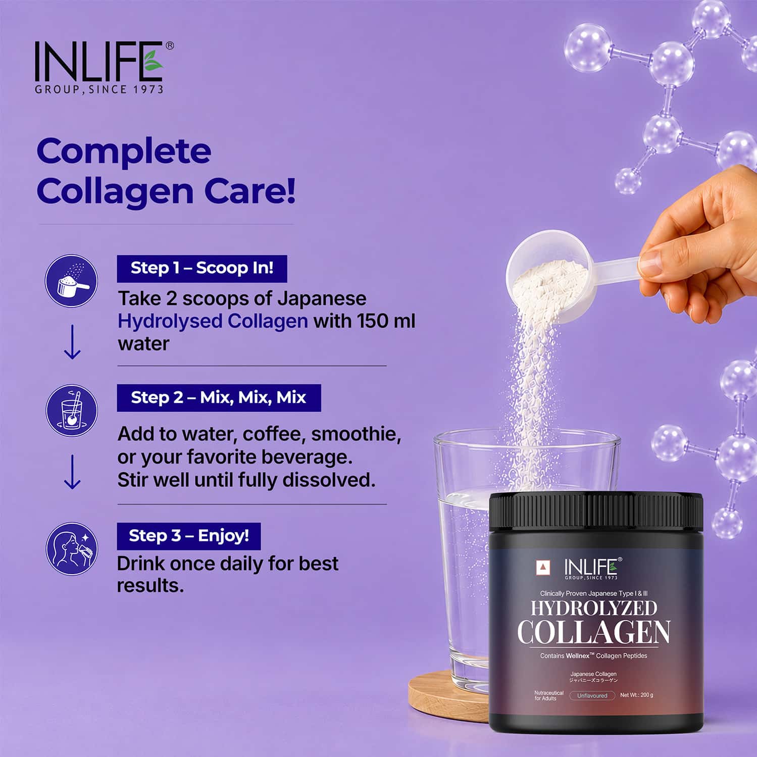 Inlife Hydrolyzed Collagen Peptides Powder Skin Hair Joint Health - 200g