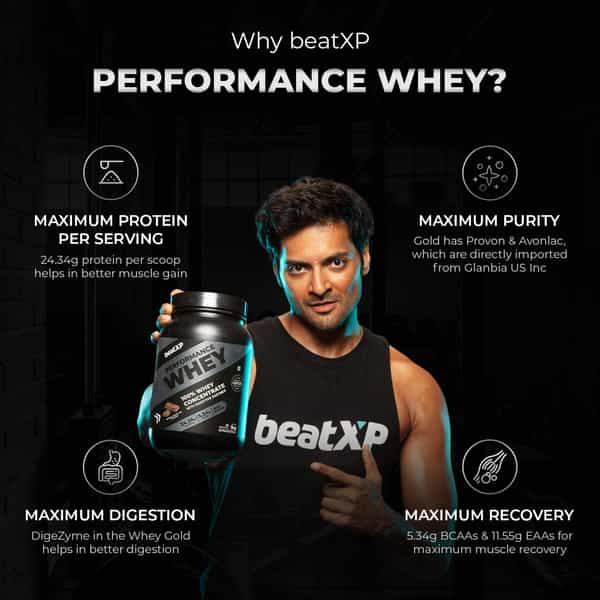 Beatxp Performance Whey Protein 1Kg | 24.34G Protein | 5.34G Bcaas | Double Chocolate (30G Serving)
