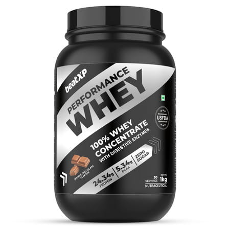 Beatxp Performance Whey Protein 1kg | 24.34g Protein | 5.34g Bcaas | Double Chocolate (30g Serving)