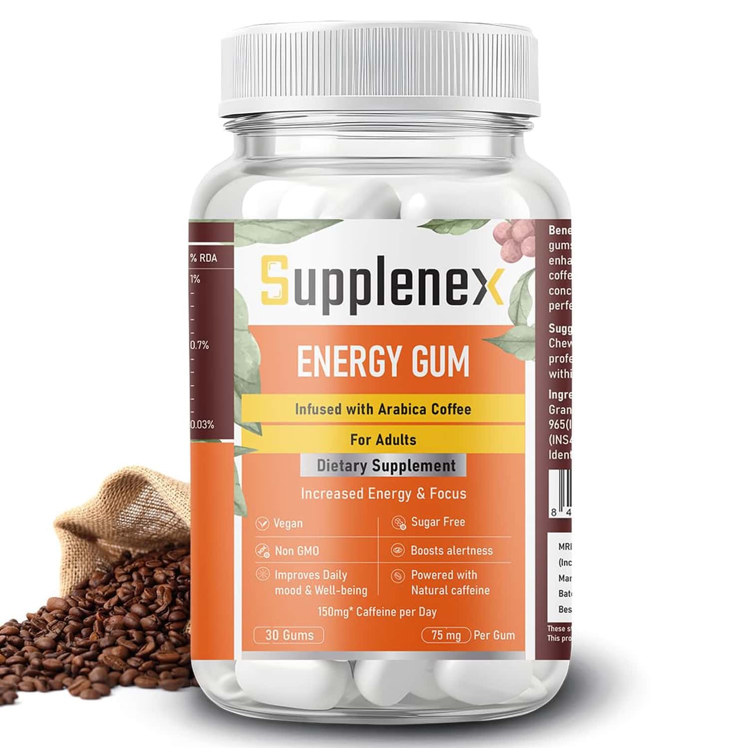 Supplenex Energy Gum | Caffeine | Unisex | Infused With Arabica Coffee | Sugar Free | 30n