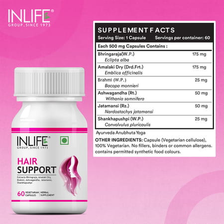 Inlife Ayurvedic Herbs Hair Support Supplement 500 Mg - 60 Vegetarian Capsules