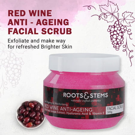 Roots & Stems Red Wine Anti-Ageing Facial Scrub Lightening & Whitening Removes Blackhead 500gm