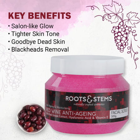 Roots & Stems Red Wine Anti-Ageing Facial Scrub Lightening & Whitening Removes Blackhead 500gm
