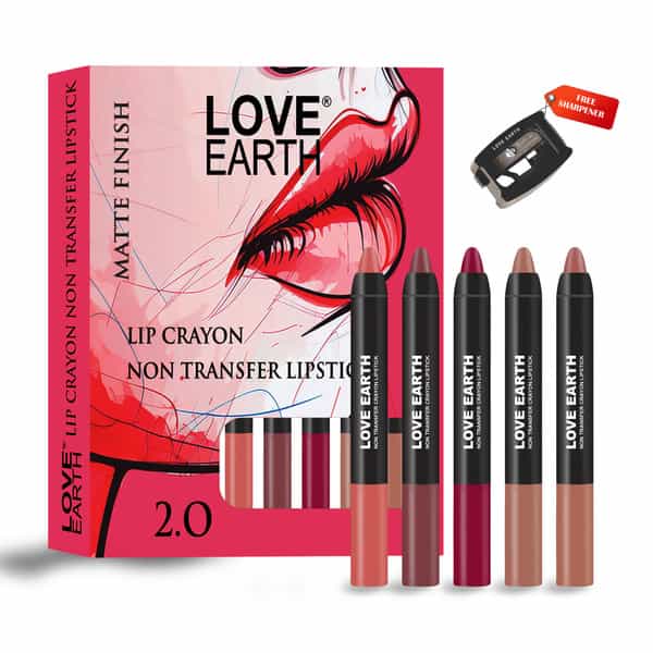 Love Earth Lip Crayon Non-Transfer Lipstick 2.O And Sharpener - Pack Of 5