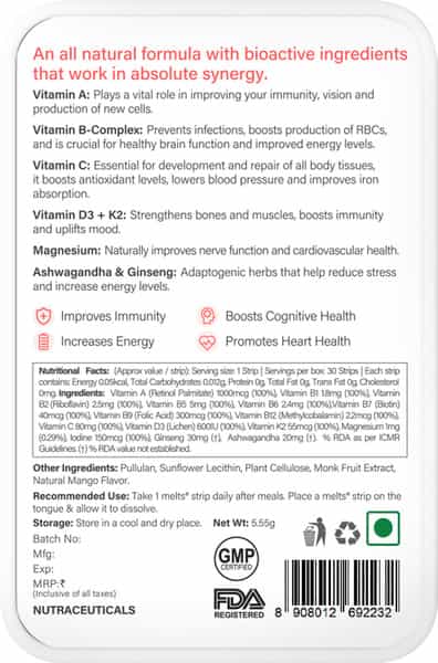 Wellbeing Nutrition Melts Multivitamin 100% Rda For Better Immunity & Increased Energy 30 Strips