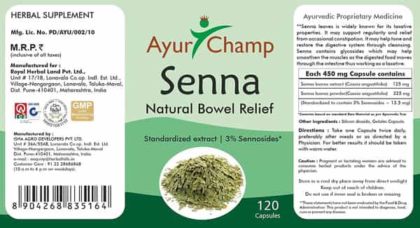Ayur Champ - Pack Of 4 -Senna Capsules 450 Mg - 120 Capsules