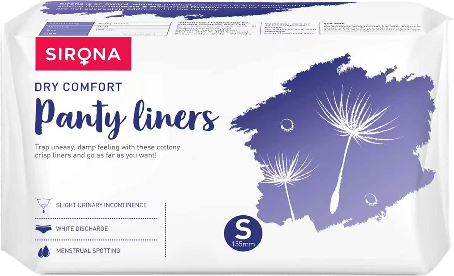 Sirona Dry Comforte S Panty Liners 60 Nos