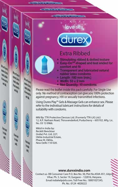 Durex Condoms Extra Ribbed- 10S Pack Of 3