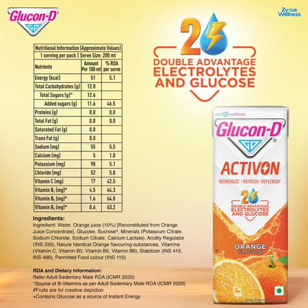 Glucon-D Activon | Electrolyte Energy Drink | Orange Flavour | 200ml