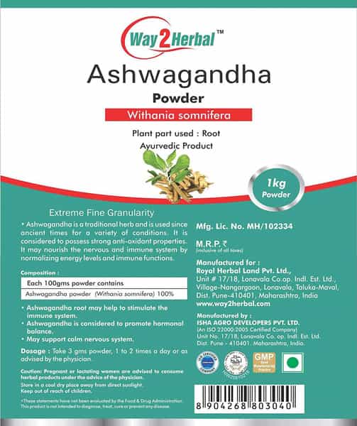 Way2herbal Ashwagandha Powder 1Kg Pure Natural Withania Somnifera Supports Stress Free