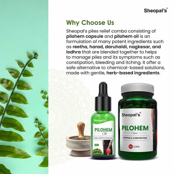 Sheopal's Ayurvedic Piles Care Combo With Pilohem Capsules & Oil | 60 Capsules + 30Ml Oil X 3
