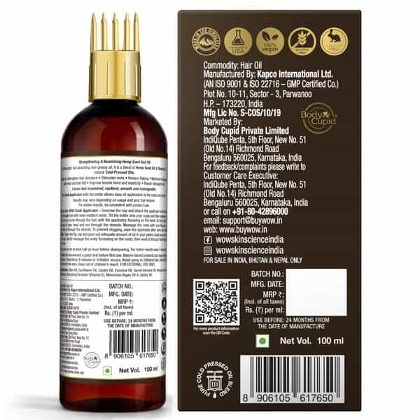 Wow Skin Science Hemp Hair Oil For Dry | Damaged And Chemically Treated Hair + Comb Applicator|100Ml