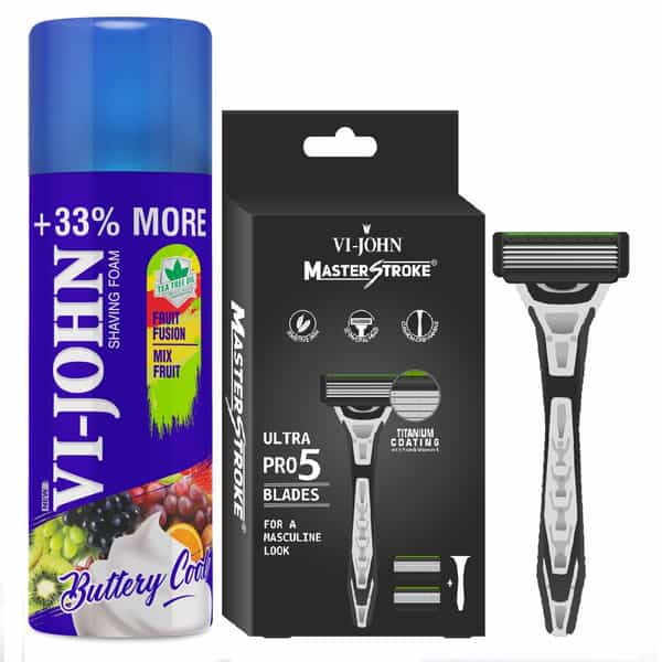 Vi-John Combo Pack Of Master Stroke 5 Blade Razor & Fruit Fusion Shaving Foam 400Ml