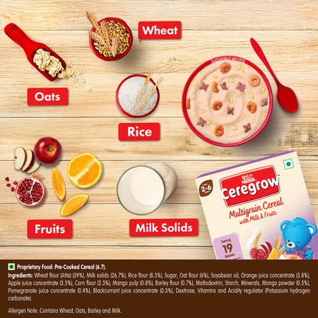 Nestle Ceregrow Multigrain Milk & Fruits Cereal | Source Of 19 Nutrients | 2-6 Years | Box | 300gm