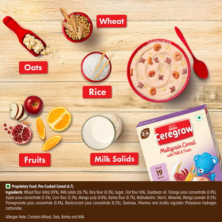 Nestle Ceregrow Multigrain Milk & Fruits Cereal | Source Of 19 Nutrients | 2-6 Years | Box | 300gm
