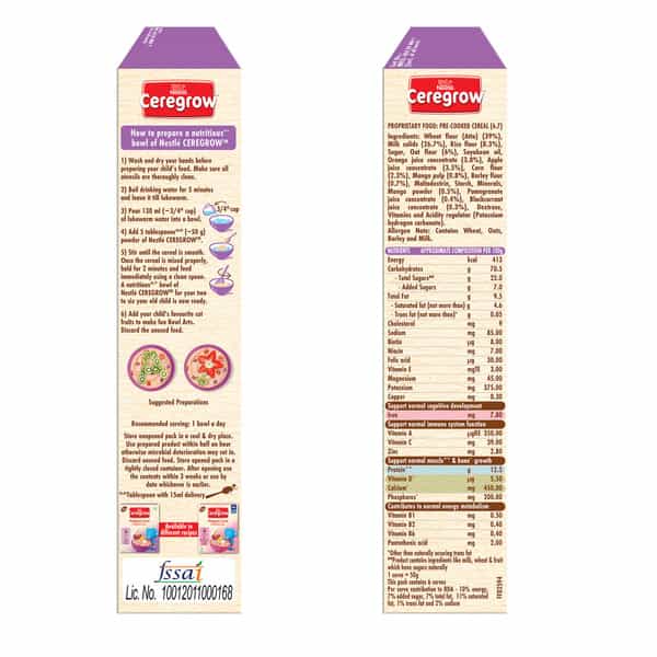Nestle Ceregrow Multigrain Milk & Fruits Cereal | Source Of 19 Nutrients | 2-6 Years | Box | 300Gm