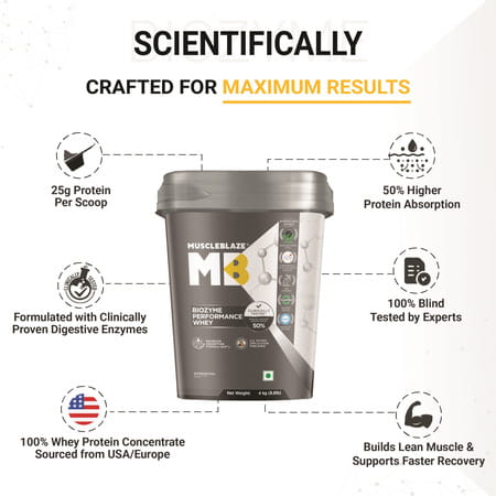 Muscleblaze Biozyme Performance Whey Protein (Triple Chocolate | 4x1kg / 2.2lbs) | 25g Protein