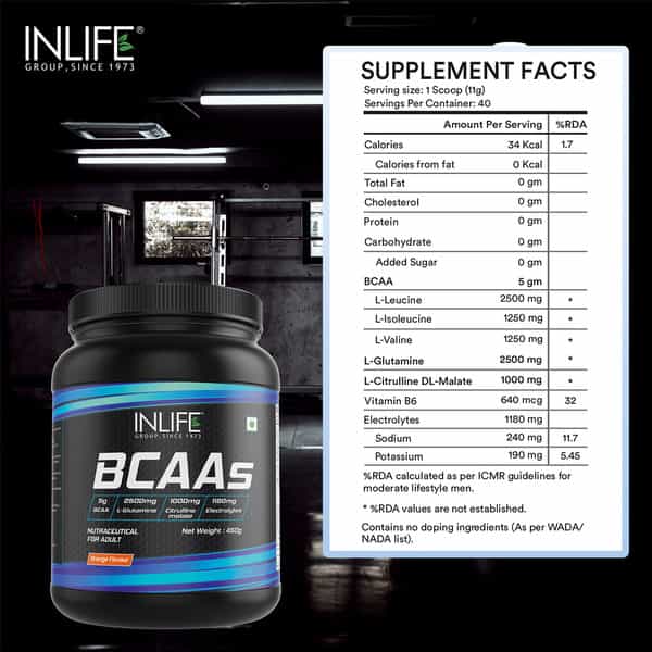 Inlife Bcaa Supplement 7G Amino Acids Instantized For Pre Post & Intra Drink Workout(Orange 450G)