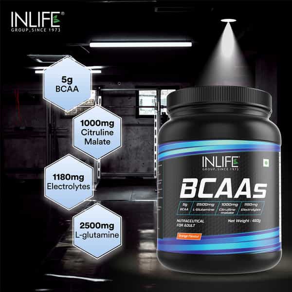 Inlife Bcaa Supplement 7G Amino Acids Instantized For Pre Post & Intra Drink Workout(Orange 450G)