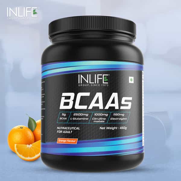 Inlife Bcaa Supplement 7G Amino Acids Instantized For Pre Post & Intra Drink Workout(Orange 450G)