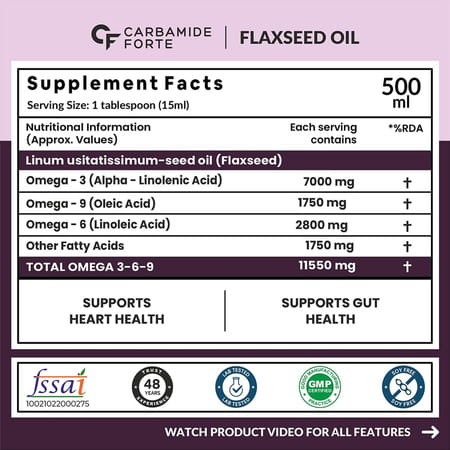 Carbamide Forte Cold Pressed Flaxseed Oil Omega 3 | Skin & Hair Growth - Vegetarian Oil - 500ml
