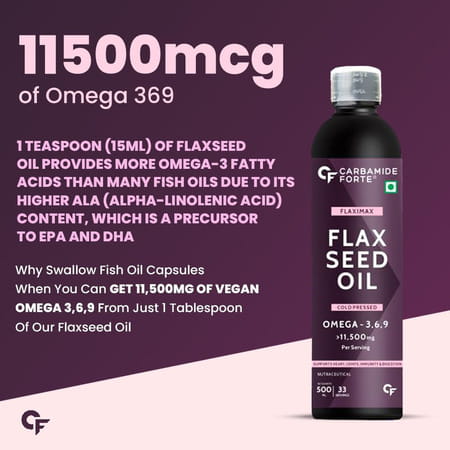 Carbamide Forte Cold Pressed Flaxseed Oil Omega 3 | Skin & Hair Growth - Vegetarian Oil - 500ml