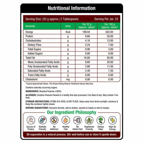 Nourishvitals Original Peanut Butter (Extra Crunchy) Natural No Added Sugar Salt Or Oils 750 G