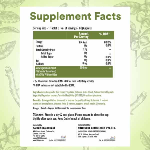 Blubein Ashwagandha Tablets 500Mg - Pack Of 60 Tablets