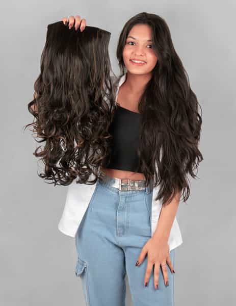 Streak Street Clip-In 24" Semi-Wavy Dark Brown Hair Extensions With Golden Highights