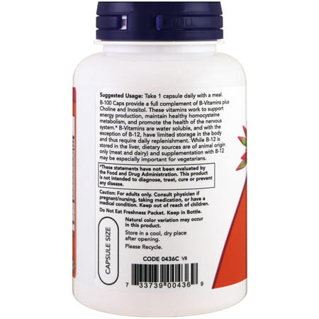 Now Foods Supplements | Vitamin B-100 | Energy Production* | Nervous System Health| 100 Veg Capsules