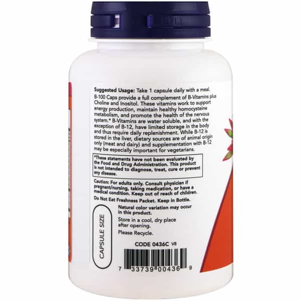 Now Foods Supplements | Vitamin B-100 | Energy Production* | Nervous System Health| 100 Veg Capsules